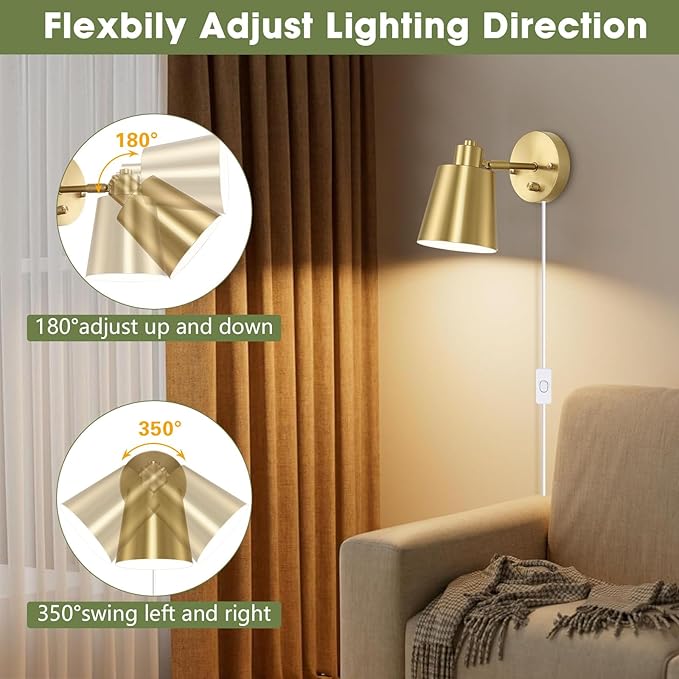 Lomoky Dimmable Wall Sconces Plug in, Adjustable Angle Wall Lamps with Plug in Cord and Dimmer On/Off Knob Switch, Gold Wall Light with Metal Shade for Bedroom Bedside Doorway (2 Bulbs Included)