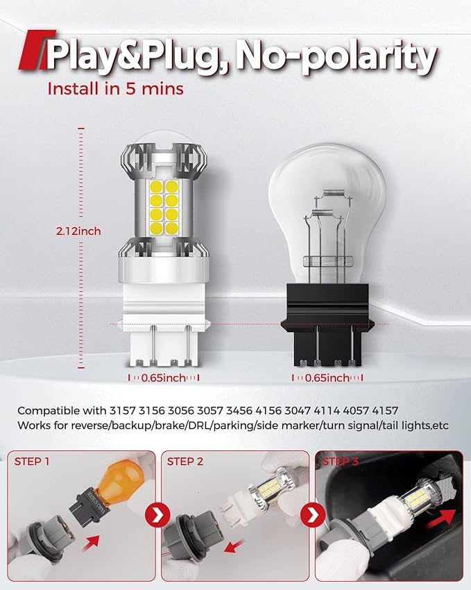 Torchbeam 3157 LED Bulb White, Upgraded Reverse Light Bulb, 600% Brighter T25 3156 3057 4157 3047 4057 3457 4114 Lamp for Backup Tail Reverse Brake DRL Signal Parking Lights, 6000K, Pack of 2