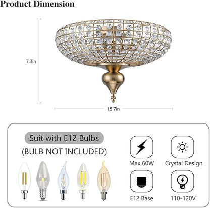 EDISLIVE 3-Light Vintage Crystal Ceiling Light Semi-Sphere Brass Chandelier with Handcut Beads,16" Antique Crystal Flush Mount Lighting E12 for Livingroom Bedroom Dining Room Foyer，Brass Copper Gold