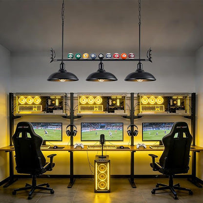 Billiard Lighting Hanging Restaurant Pendant: Pool Table Light for 7'-8' Table,3 Light Modern with Black Metal Shade Pendant Lighting Fixture for Billiards Room,Game Room,Kitchen Island (38 inch)