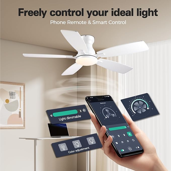 JSAITEE 46in Ceiling Fans with Lights - Flush Mount Low Profile Ceiling Fan with DC Motor, 6 Speeds 3CCT Dimmable, Modern Indoor Fan Light Fixtures for Bedroom, Kitchen, White