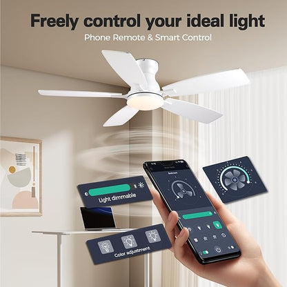 JSAITEE 46in Ceiling Fans with Lights - Flush Mount Low Profile Ceiling Fan with DC Motor, 6 Speeds 3CCT Dimmable, Modern Indoor Fan Light Fixtures for Bedroom, Kitchen, White