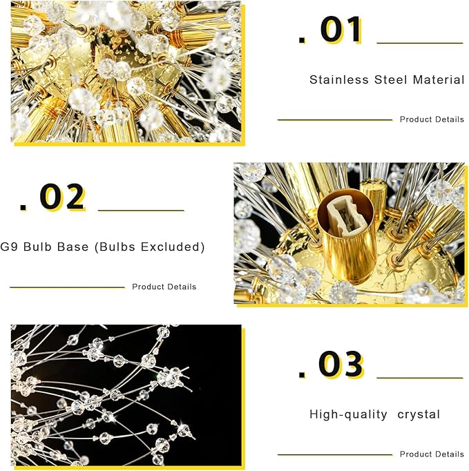 Qamra Modern Crystal Gold Chandeliers, Firework Dandelion Sputnik Chandelier Light Fixture Pendant Lighting for Dining Room, Bedroom, Kitchen, Living Room(12-Light, Gold)