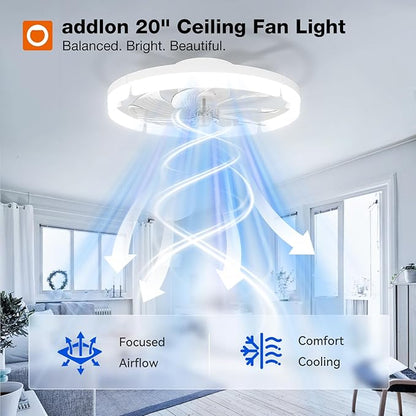 addlon Ceiling Fans with Lights and Remote, 20'' Low Profile Ceiling Fans, 3000-6000K Dimmable Modern Flush Mount LED Fan Light, Fandelier Ceiling Fan for Bedroom, Kitchen, Living Room, White
