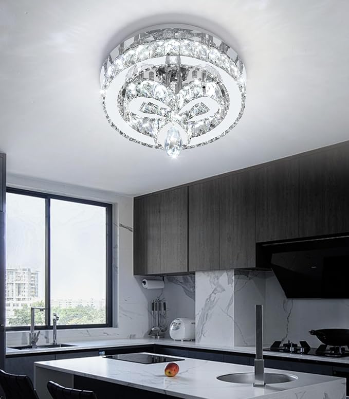 12'' Modern Crystal Chandelier LED Dimmable Flush Mount Ceiling Light Pendant Light for Hallway Living Room Bedroom Dining Room Foyer Silver