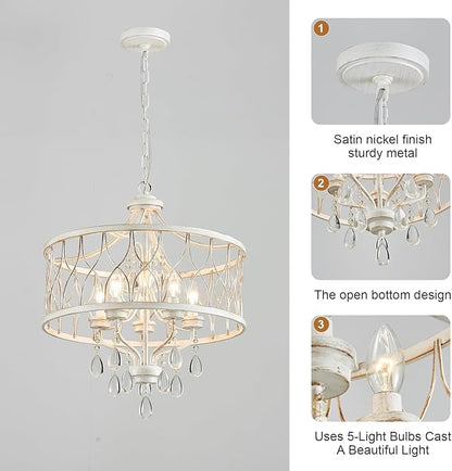 Modern Crystal Chandelier, 5-Light Farmhouse White Chandelier for Dining Room Vintage Hanging Pendant Light Fixtures Round Chandelier for Kitchen Island Entryway Foyer Bedroom Office Bar