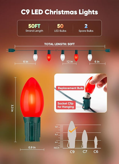 C9 LED Christmas Lights Outdoor, 50 Feet String with 50 Shatterproof Matte Bulbs, Connectable Waterproof Tree Lights for Holiday Roofline Backyard Garden Decor, Red & Pure White