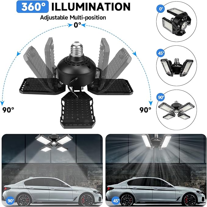Aoretic LED Garage Lights Bulb 2 Pack -120W, 12000LM 6500K Led Shop Light with 4+1 Deformable Panels, Basement Barn Light Garages Ceiling Lights, E26/E27 for Garage, Warehouse, Shop