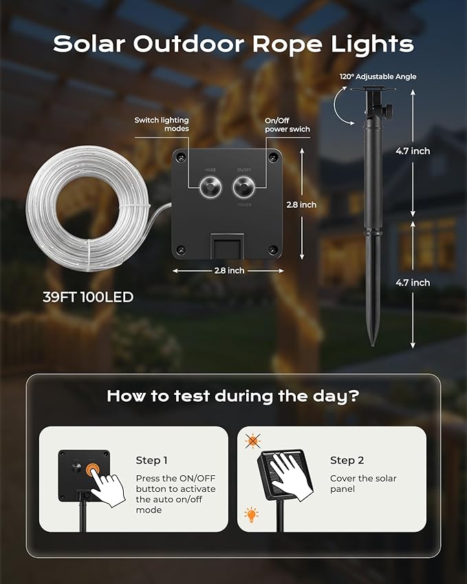 Brightown Solar Rope Lights, 1 Pack 39FT 100 LED Warm White Solar String Lights Outdoor, IP65 Waterproof Solar Powered Fairy Lights with 8 Lighting Modes for Yard Garden Patio Tree Decoration
