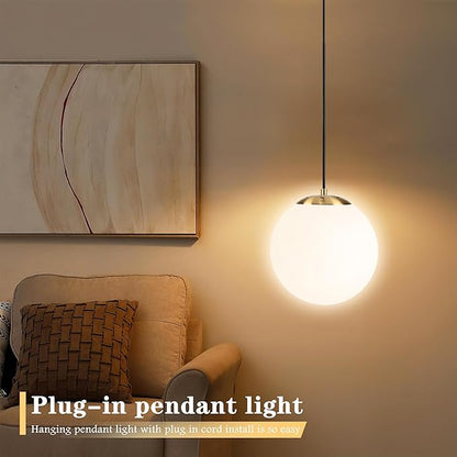KoKo&Yukina 10" Globe Pendant Light Gold Plug in Pendant Light Adjustable Hanging Lights with Plug in Cord Brushed Gold Finished with Milk Glass Lampshade for Bedroom Kitchen Island（Bulb Included）