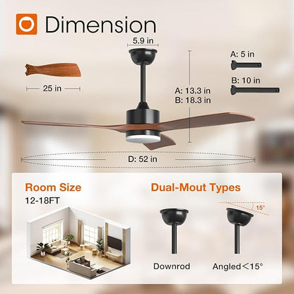 addlon 2 Pack 52 inch Ceiling Fans with Lights, Black Ceiling Fan with Light and Remote Control, Reversible, 3 Wood Blades, 6 Speeds, 3CCT Dimmable, Noiseless, Wood Ceiling Fan for Indoor/Outdoor Use