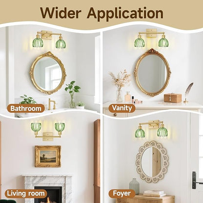 Bathroom Lights Over Mirror,2-Light Vintage Vanity Light Fixtures,Retro Brass Bathroom Light, Flower Wall Sconce With Green Tulip Glass Shade For Bedroom, Living Room, Dressing Table, E26 Base