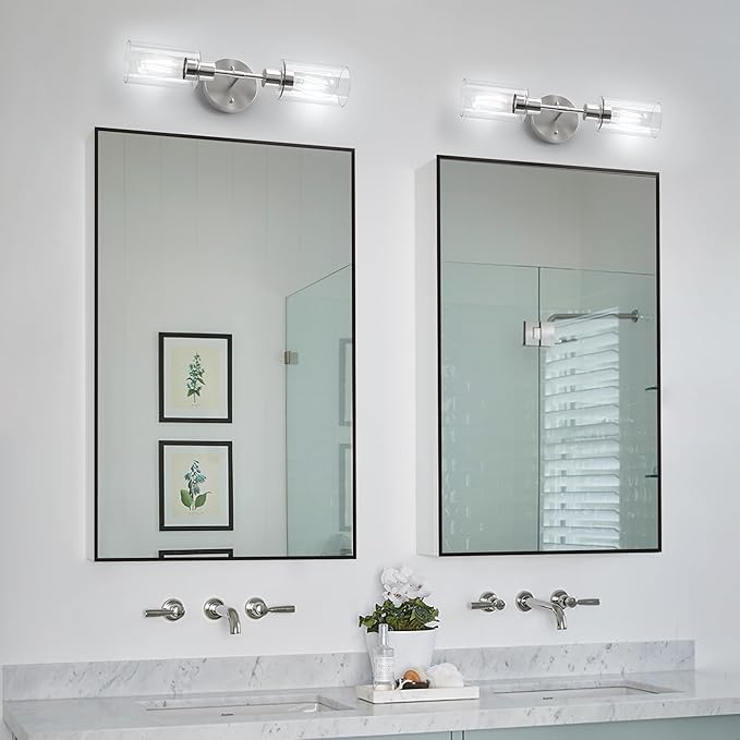Bathroom Light Fixtures 2 Light Brushed Nickle, Bathroom Vanity Lights Over Mirror, Bathroom Sconces Wall Lighting，Farmhouse Vanity Light, Modern Vanity Lights with Clear Shades