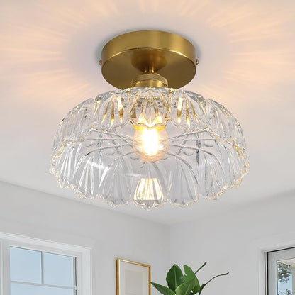 Semi Flush Mount Ceiling Light Mid Century Modern Floral Translucent Glass Shade, Close to Ceiling Lighting Fixtures for Bedroom, Bathroom, Kitchen, Closet Laundry Room, Foyer and Hallway 9.45 in