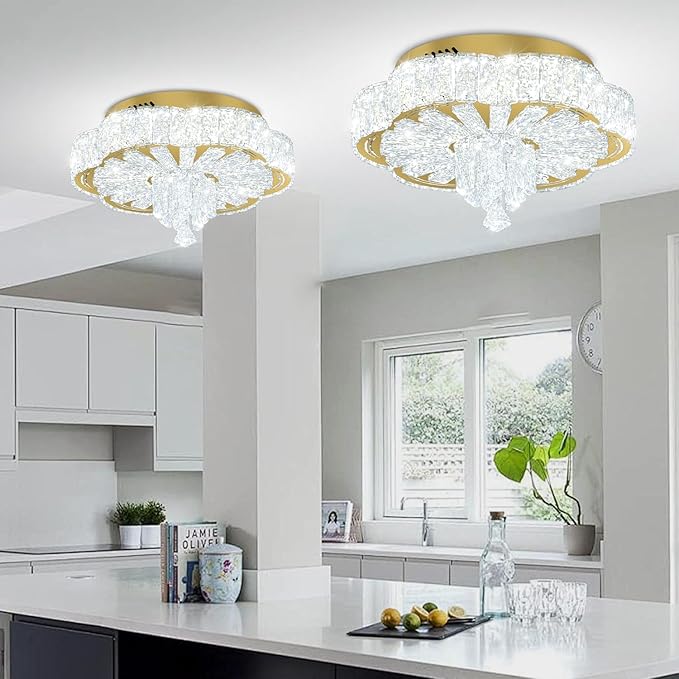16in Gold Crystal Chandeliers for Living Room Dining Room Crystal Ceiling Light Fixtures Modern LED Flush Mount Light Dimmable 2700k-6000k