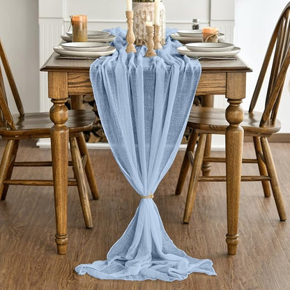 Artoid Mode Boho Sky Blue Gauze 6 Pieces Wedding Table Runner, 120 Inch Seasonal Fabric Kitchen Dining Holiday Table Decor for Home Party Indoor