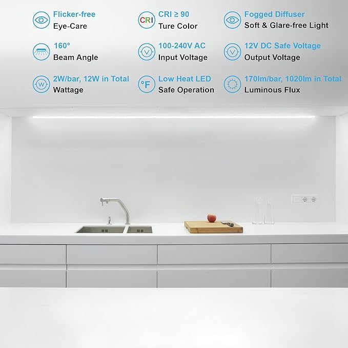 Under Cabinet Lights, Plug in, Seamlessly Linkable 12 Inch, 6 Bars+Switch+Extensions, Under Counter Lighting for Kitchen, Closet, Gun Safe, Shelf, Display Case, LED 3000k Warm White