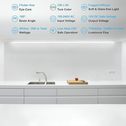Under Cabinet Lights, Plug in, Seamlessly Linkable 12 Inch, 6 Bars+Switch+Extensions, Under Counter Lighting for Kitchen, Closet, Gun Safe, Shelf, Display Case, LED 3000k Warm White