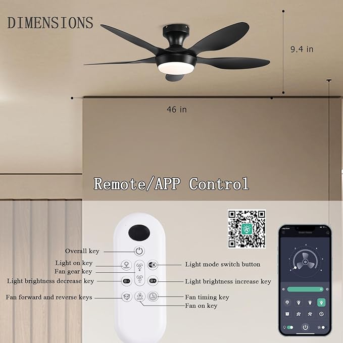 GJeg Ceiling Fan with Lights, 46 Inch Low Profile Ceiling Fan with Light and Remote Control, Flush Mount, 6 Speeds Reversible, Dimmable Noiseless Ceiling Fans for Bedroom, Black