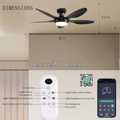 GJeg Ceiling Fan with Lights, 46 Inch Low Profile Ceiling Fan with Light and Remote Control, Flush Mount, 6 Speeds Reversible, Dimmable Noiseless Ceiling Fans for Bedroom, Black