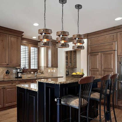 Farmhouse Wood Pendant Lights Kitchen Island, Dining Room Lighting Fixtures Over Table, Rustic Chandelier, Height Adjustable Hallway Light for Foyer Living Room Bar Restaurant