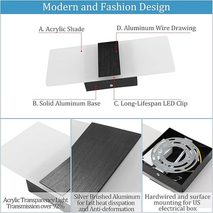 Lightess Modern Wall Sconces Set of Two Indoor LED Wall Mounted Lamp Hardwired Wall Lamp 12W for Bedroom Living Room Hallway, Cool White