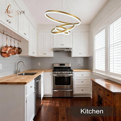 3 Rings Modern LED Chandelier Gold High Ceiling Ring Chandeliers with Remote Control Circular Pendant Light Dimmable for Dining Room Living Room Bedroom Foyer Entryway 3000K-6500K