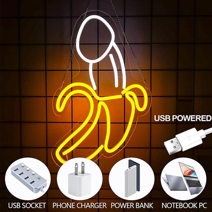 Penis Banana LED Neon Sign - Funny Adult Decor for Bachelorette Party, Sex Shop, Strip Club, Bedroom Wall Art, Gay Man Gift, Intimate Room Decoration