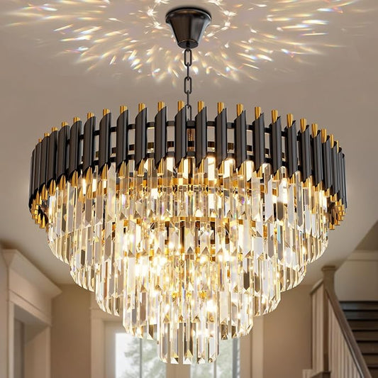 24 inch Black Gold Crystal Chandelier 5-Tier Modern Luxury Pendant Light Fixture for High Ceiling 10-Light Large K9 Crystal Lighting for Foyer Living Room Dining Room