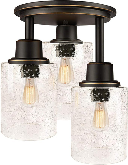 Semi Flush Mount Ceiling Light, 3-Light Close to Ceiling Light Fixtures, Vintage Oil-Rubbed Bronze Finish with Clear Seeded Glass Shade Chandelier Lighting for Stairs Porch Hallway Entryway Kitchen