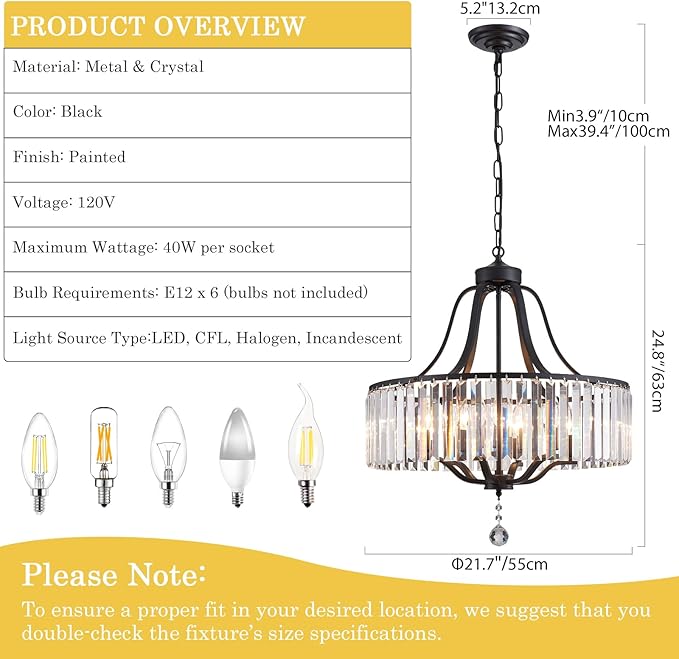 Black Crystal Chandelier 6-Light Modern Farmhouse Dining Room Light Fixtures Over Table Round Large Hanging Light for Living Room Kitchen Hallway Bedroom Foyer 21.7 Inch