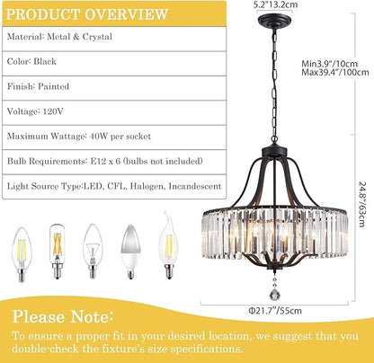 Black Crystal Chandelier 6-Light Modern Farmhouse Dining Room Light Fixtures Over Table Round Large Hanging Light for Living Room Kitchen Hallway Bedroom Foyer 21.7 Inch