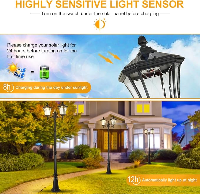 2-Head Outdoor Solar Lamp Post Lights with Waterproof, Dusk to Dawn Sensor Large Lantern Street Lights, Modern Solar Column Pole Light Fixtures for Outside, Garden, Driveway, Backyard, Black