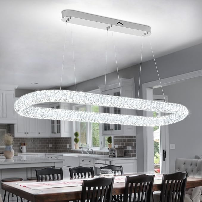 Crystal Ring Chandelier for Living Room, Modern Linear Oval Chandeliers for Dining Room 47.2'' Chrome Ring Pendant Light for Kitchen Island Dimmable 3000K-6000K