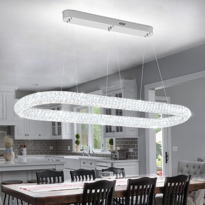 Crystal Ring Chandelier for Living Room, Modern Linear Oval Chandeliers for Dining Room 47.2'' Chrome Ring Pendant Light for Kitchen Island Dimmable 3000K-6000K