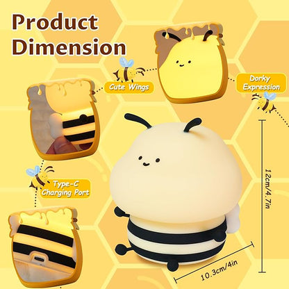 YuanDian Cute Bee Night Light for Kids, Nursery Night Lamp Kawaii Animal Bedside Nightlight with 7 Colors 3 Levels Dimmable Tap Control Rechargeable Nightlights