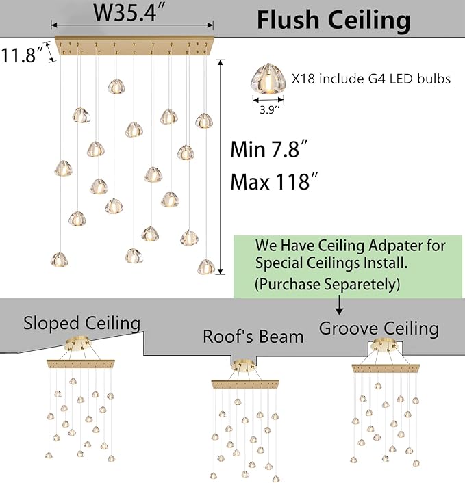 HAIXIANG W35 x D11.8 x H118 Rectangular Chandelier Bubble Crystal Balls Glam Chandeliers Dimmable Light High Ceiling Pendants Light Fixtures Adjustable Long Lights Antique Gold