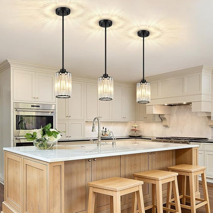 MQMQA 1 Pack Black Pendant Lights Kitchen Island, Modern Crystal Chandelier Kitchen Pendant Lighting Over Island, Adjustable Hanging Mini Light Fixtures for Dining Room Hallway Corridor Bedroom