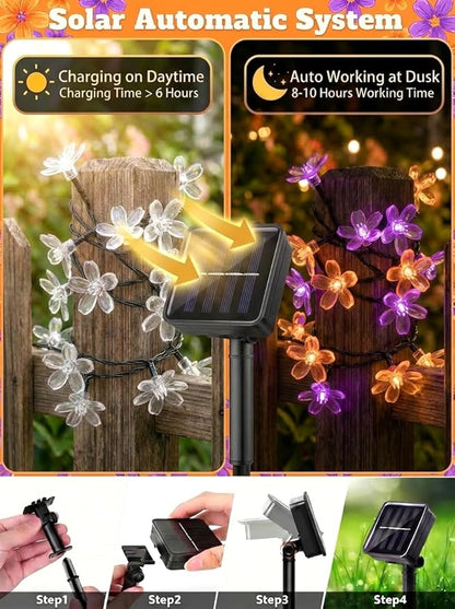 ITICdecor Solar Flower String Lights Outdoor Waterproof 50 LED Solar Powered Fairy Lights for Garden, Fence, Patio, Yard, Christmas Tree & Party Decor(Purple & Orange)