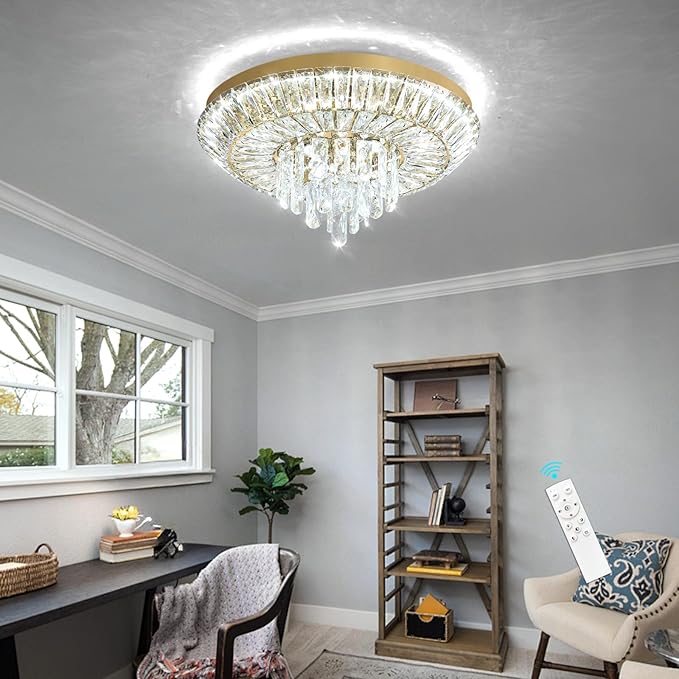 Crystal Chandelier 40W Modern Round Ceiling Light Fixture LED Raindrop Chandeliers Dimmable with Remote for Dining Room Living Room Entryway Hallway Bedroom Gold