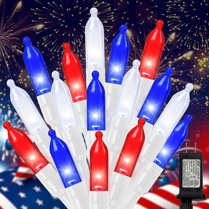 LAMPHOME 100 LED Red White and Blue Lights, 4th of July Decorations String Lights Plug in Indoor Outdoor, 16 Modes Waterproof Patriotic Light for Independence Day Holiday Memorial Day Party Decor