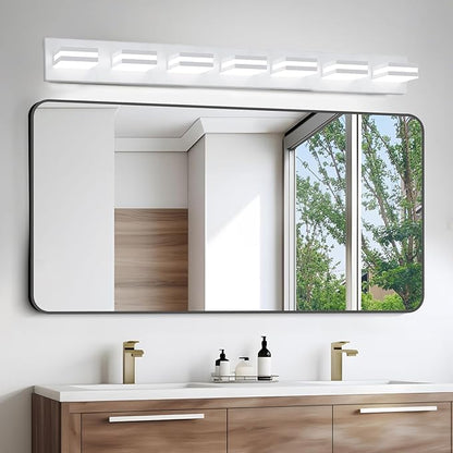 IZORRO LED Modern Bathroom Lights Fixtures(7-Light,Dimmable,360°Rotate),Matte White Acrylic Wall Lighting,Vanity Lights for Bathroom Over Mirror - 6000k 40In （No Assembly Required）