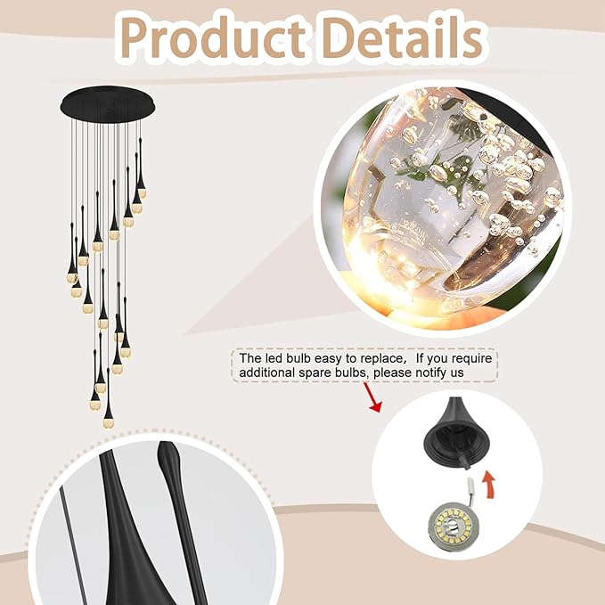 ykolupty Modern Crystal Chandeliers LED Dimmable Stairwell Chandelier Black Teardrop Chandelier Large Pendant Light for Entryway Foyer Living Room