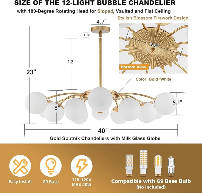 Longree 12-Light Gold and White Sputnik Chandeliers with Blossom Accent Opal Glass Bubble Pendant Light Fixture Mid Century Milk Glass Starburst Lighting for Dining Hallway Living