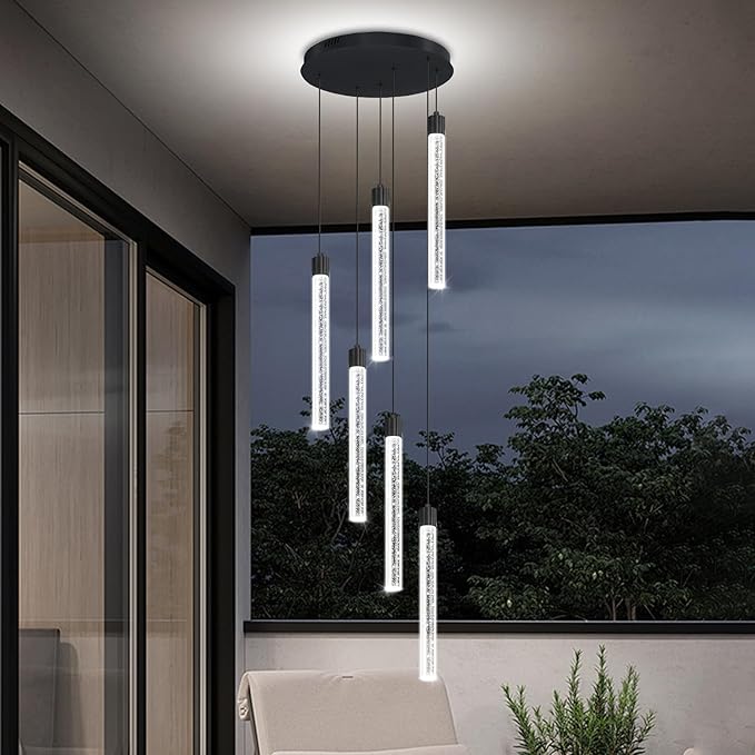 6-Light Black Modern Crystal Spiral Chandelier for Staircase High Ceiling Chandeliers Bubble Crystal Chandelier Lighting Cluster Hanging Light Fixture for Living Room Foyer