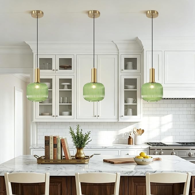 KCO Lighting Vintage Green Glass Pendant Light Kitchen Island Lighting Farmhouse Ribbed Glass Pendant Lighting Large Globe Pendant Light Fixture Brass Gold Single Ceiling Hanging Light
