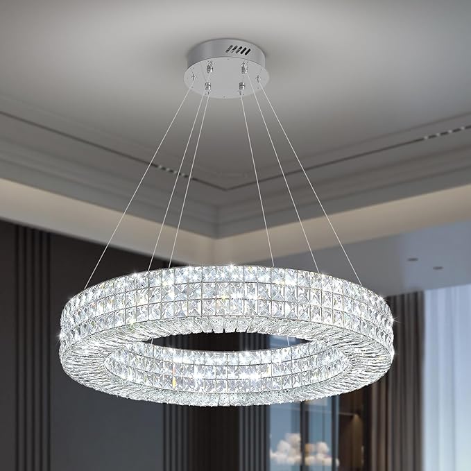 ykolupty Dia 24" Modern Crystal Chandelier Silver Ring Chandelier Adjustable Height Luxury Crystal Pendant Ceiling Light Fixture for Dining Living Room Bedroom