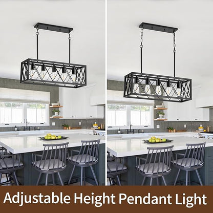 KEESFU Black Farmhouse Kitchen Island Lighting, 5 Lights Pendant Lighting Fixtures, Adjustable Height, Industrial Dining Room Light for Living Room Foyer Dining Table Over Sink.