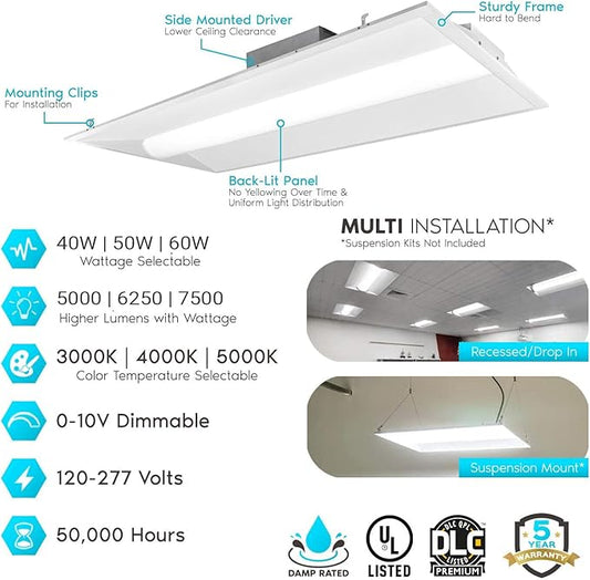 2x4 FT Center Basket LED Troffer Panel Light, 40/50/60W, 3 Color Options 3000K | 4000K | 5000K, Dimmable Drop Ceiling Lights, 5000/6250/7500 Lumens, Damp Rated, 120-277V, DLC Premium (4 Pack)