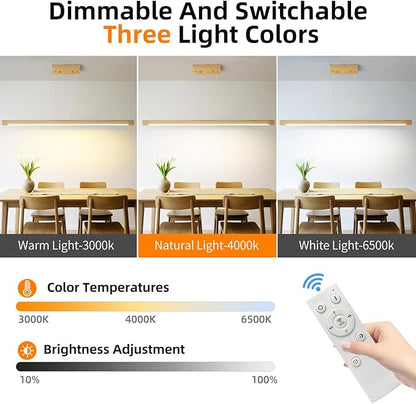 Modern Wooden Pendant Light, 39IN White Ash Wood Chandelier with Remote Control 3000k-6500K Adjustable Color Temperature，Aluminum Island Lighting Lamp for Dining Room, Living Room B